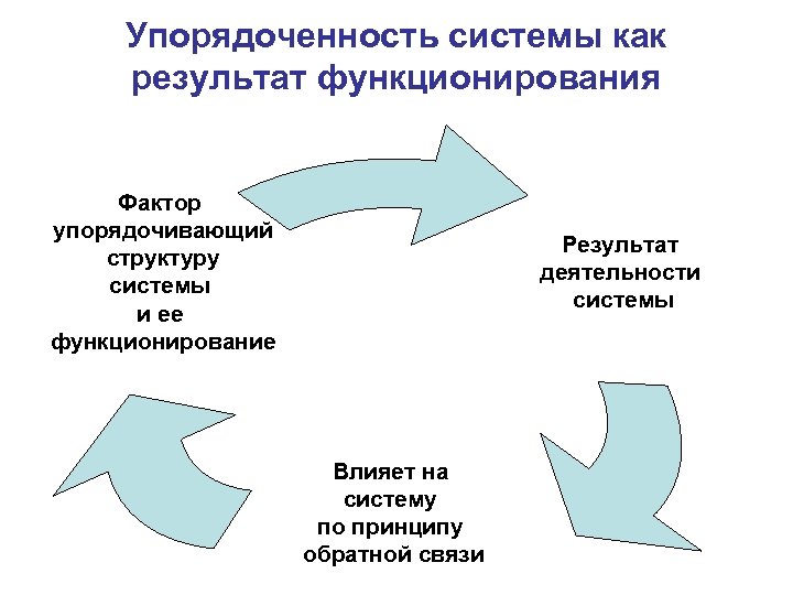 Упорядоченность системы как результат функционирования Фактор упорядочивающий структуру системы и ее функционирование Влияет на