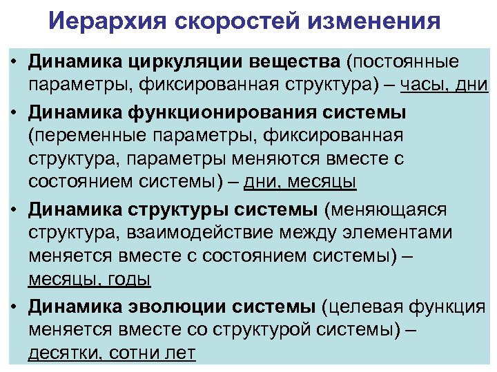 Иерархия скоростей изменения • Динамика циркуляции вещества (постоянные параметры, фиксированная структура) – часы, дни