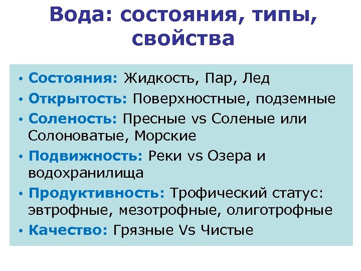 Вода: состояния, типы, свойства • Состояния: Жидкость, Пар, Лед • Открытость: Поверхностные, подземные •