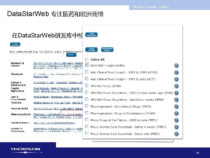 Thomson Scientific -- Dialog Data. Star. Web 专注医药和欧洲商情 在Data. Star. Web研发库中检索，选择Drugs in Development 14