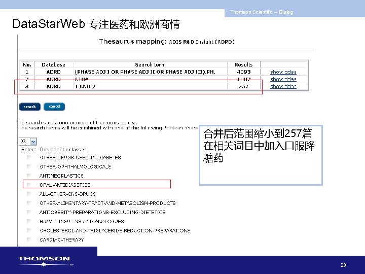 Thomson Scientific -- Dialog Data. Star. Web 专注医药和欧洲商情 合并后范围缩小到 257篇 在相关词目中加入口服降 糖药 23 