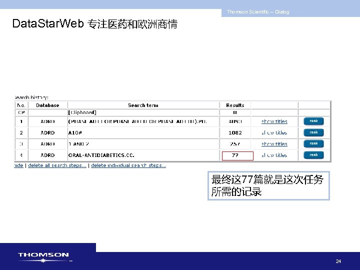 Thomson Scientific -- Dialog Data. Star. Web 专注医药和欧洲商情 最终这 77篇就是这次任务 所需的记录 24 