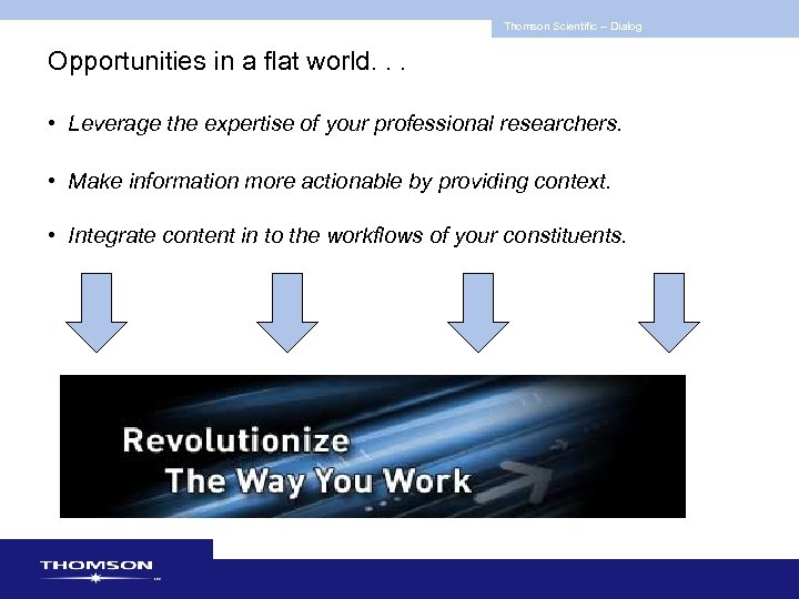 Thomson Scientific -- Dialog Opportunities in a flat world. . . • Leverage the