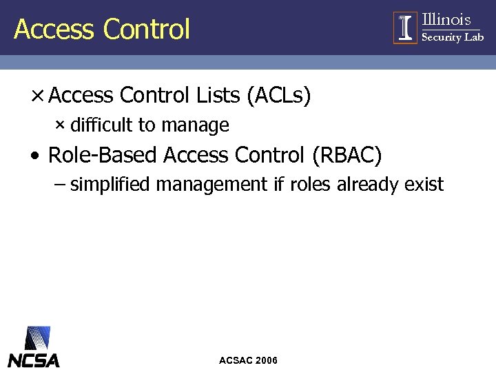 Illinois Access Control Security Lab × Access Control Lists (ACLs) × difficult to manage