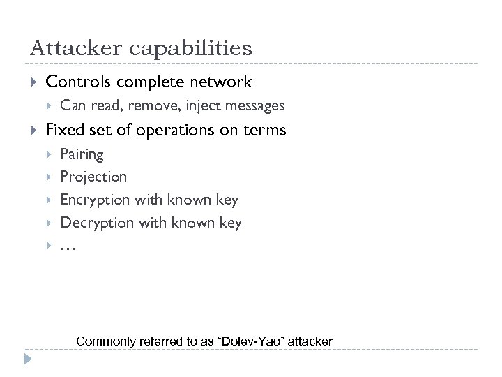 Attacker capabilities Controls complete network Can read, remove, inject messages Fixed set of operations