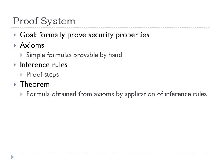 Proof System Goal: formally prove security properties Axioms Inference rules Simple formulas provable by