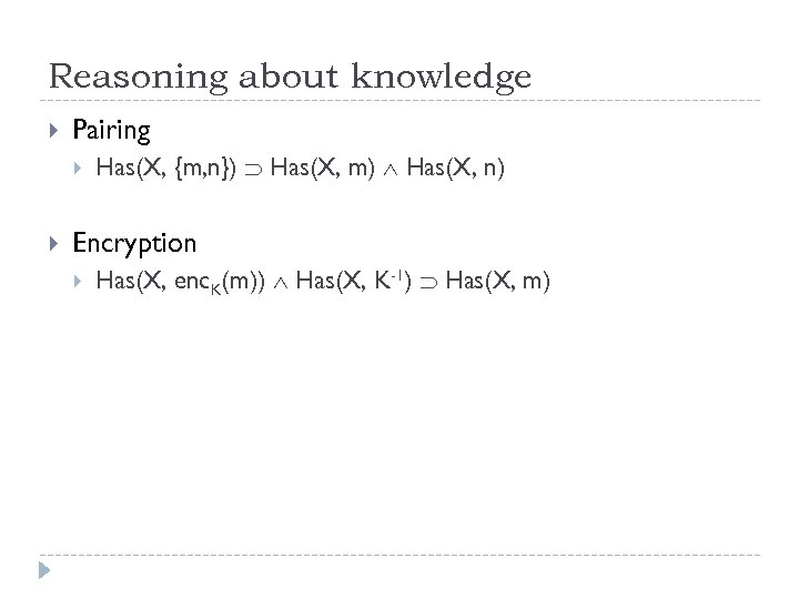 Reasoning about knowledge Pairing Has(X, {m, n}) Has(X, m) Has(X, n) Encryption Has(X, enc.