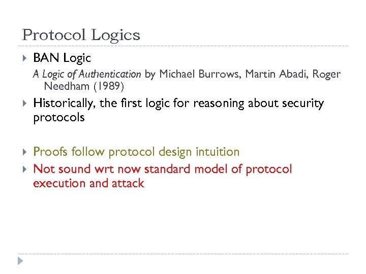 Protocol Logics BAN Logic A Logic of Authentication by Michael Burrows, Martin Abadi, Roger