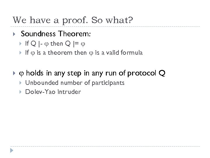 We have a proof. So what? Soundness Theorem: If Q |- then Q |=