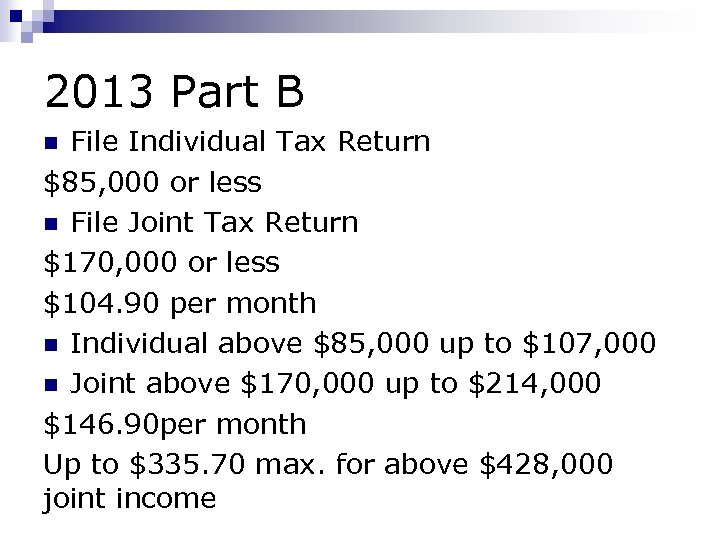 2013 Part B File Individual Tax Return $85, 000 or less n File Joint