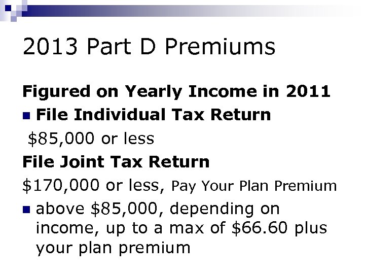 2013 Part D Premiums Figured on Yearly Income in 2011 n File Individual Tax