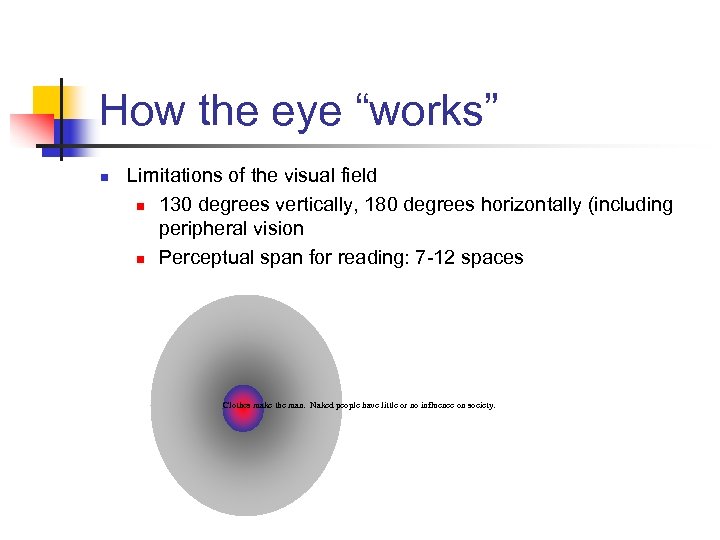 How the eye “works” n Limitations of the visual field n 130 degrees vertically,