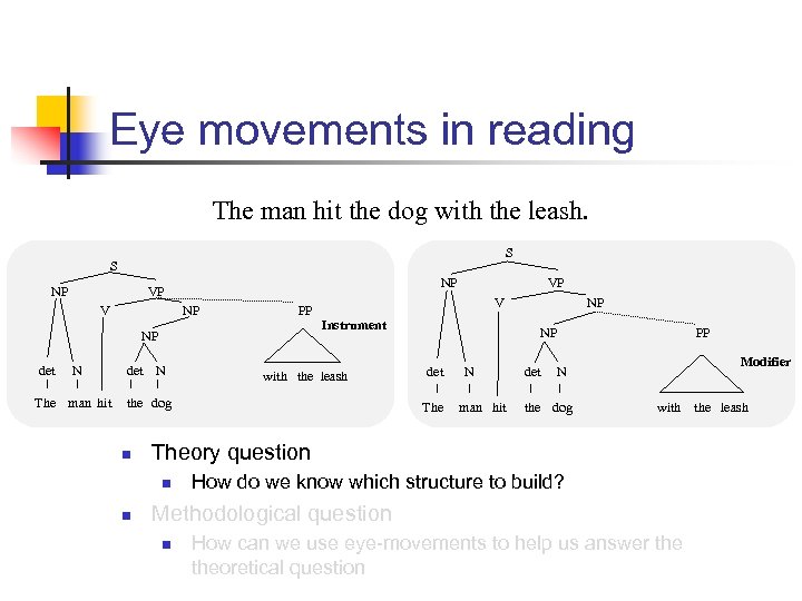 Eye movements in reading The man hit the dog with the leash. S S