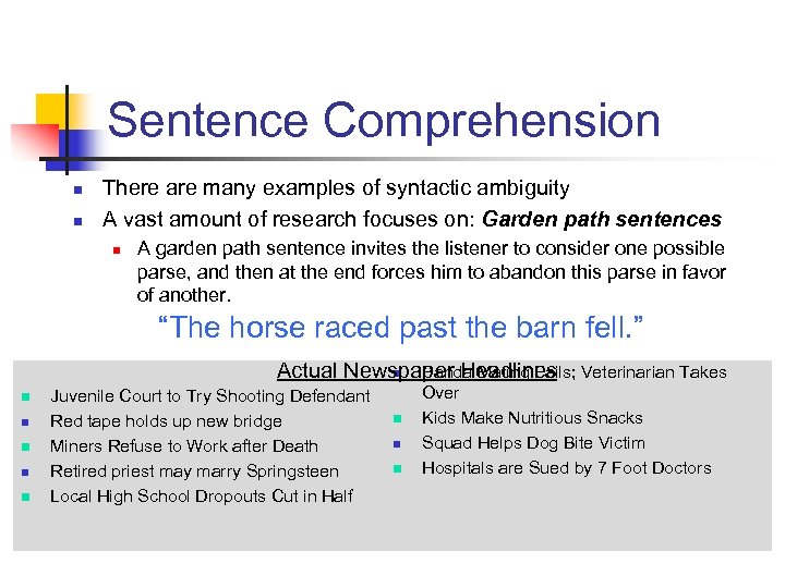 Sentence Comprehension n n There are many examples of syntactic ambiguity A vast amount