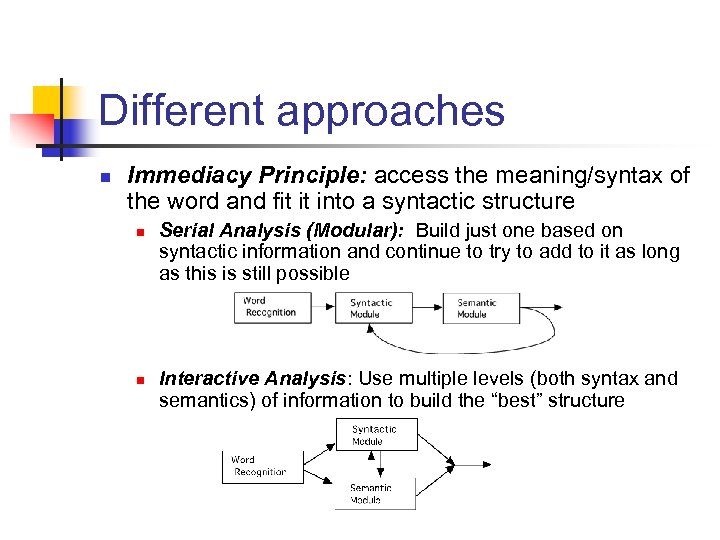 Different approaches n Immediacy Principle: access the meaning/syntax of the word and fit it