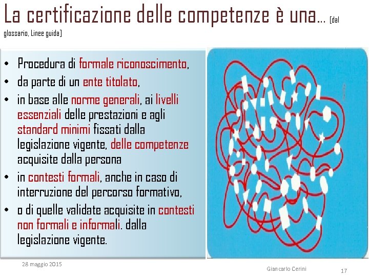 La certificazione delle competenze è una… [dal glossario, Linee guida] • Procedura di formale