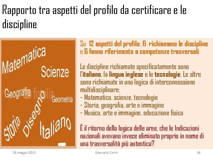 Rapporto tra aspetti del profilo da certificare e le discipline Su 12 aspetti del
