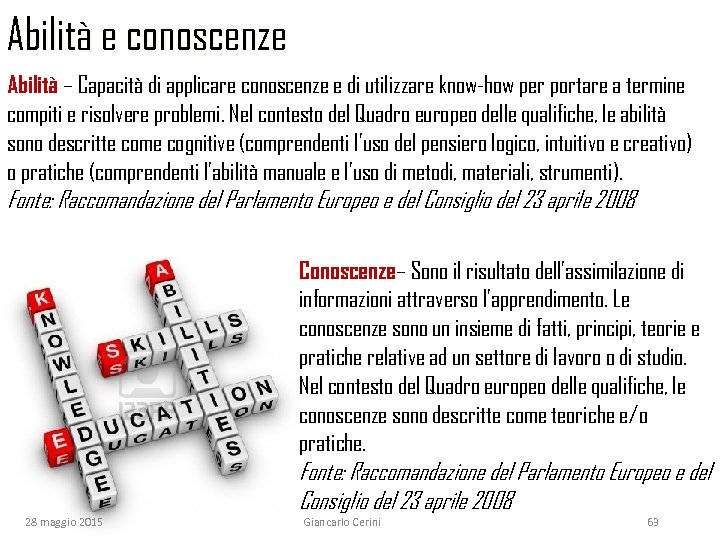 Abilità e conoscenze Abilità – Capacità di applicare conoscenze e di utilizzare know-how per