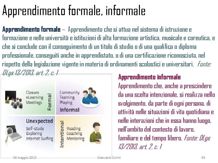 Apprendimento formale, informale Apprendimento formale – Apprendimento che si attua nel sistema di istruzione