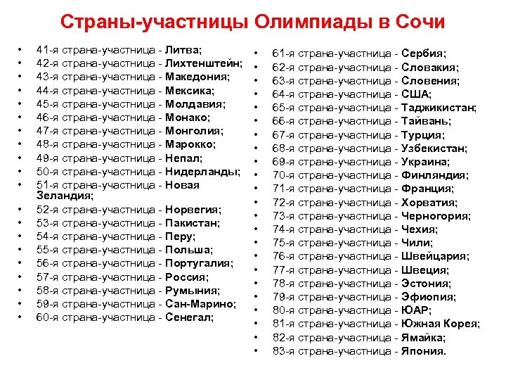 Страны-участницы Олимпиады в Сочи • • • • • 41 -я страна-участница - Литва;