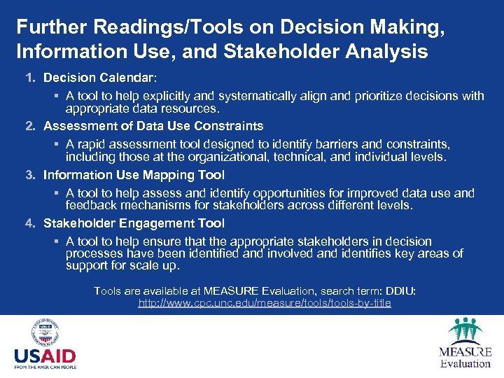 Further Readings/Tools on Decision Making, Information Use, and Stakeholder Analysis 1. Decision Calendar: §