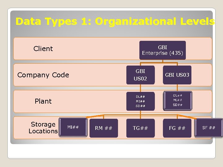 Data Types 1: Organizational Levels Client GBI Enterprise (435) GBI US 02 Company Code