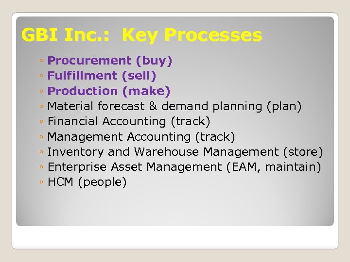 GBI Inc. : Key Processes ◦ Procurement (buy) ◦ Fulfillment (sell) ◦ Production (make)