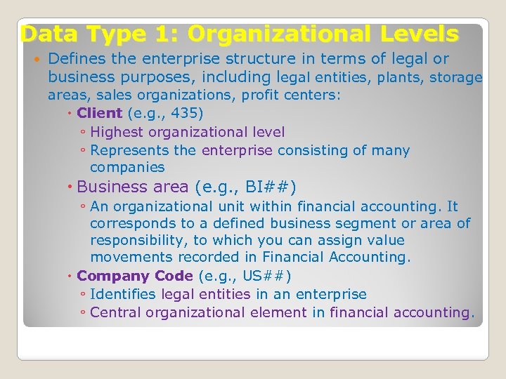 Data Type 1: Organizational Levels Defines the enterprise structure in terms of legal or