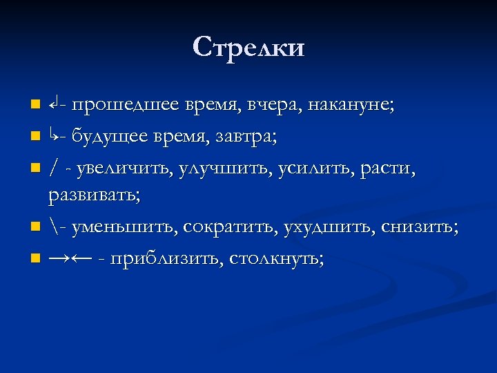 Cтрелки ↲- прошедшее время, вчера, накануне; n ↳- будущее время, завтра; n / -