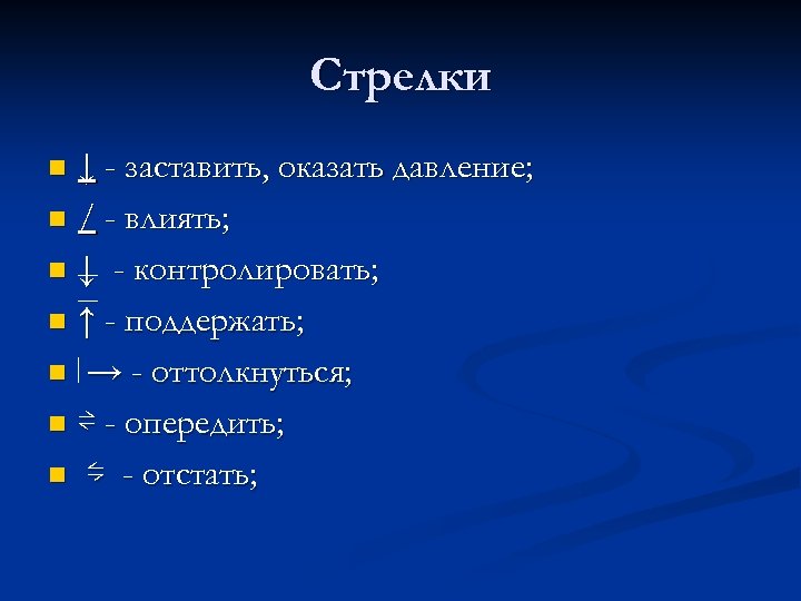 Cтрелки ↓ - заставить, оказать давление; n / - влиять; n ↓ - контролировать;