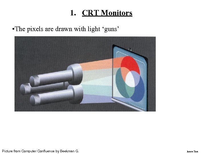 1. CRT Monitors • The pixels are drawn with light ‘guns’ Picture from Computer