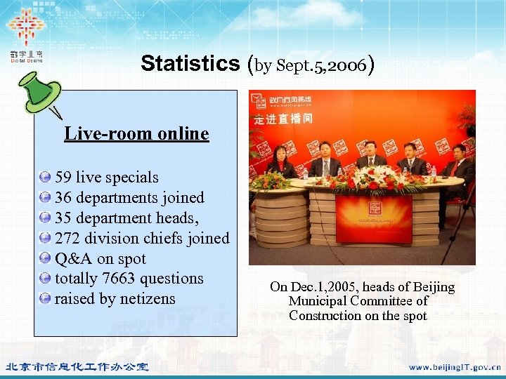 Statistics (by Sept. 5, 2006) Live-room online 59 live specials 36 departments joined 35