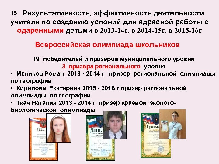 Результативность, эффективность деятельности учителя по созданию условий для адресной работы с одаренными детьми в