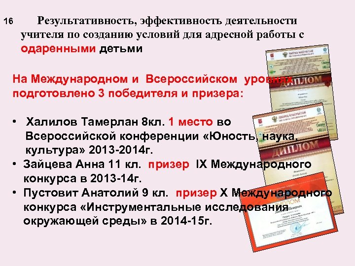 16 Результативность, эффективность деятельности учителя по созданию условий для адресной работы с одаренными детьми