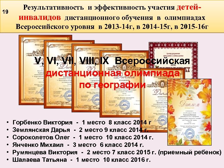 19 Результативность и эффективность участия детей- инвалидов дистанционного обучения в олимпиадах Всероссийского уровня в