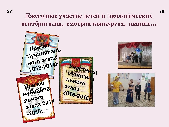 26 Ежегодное участие детей в экологических агитбригадах, смотрах-конкурсах, акциях… ризер ль П а ицип