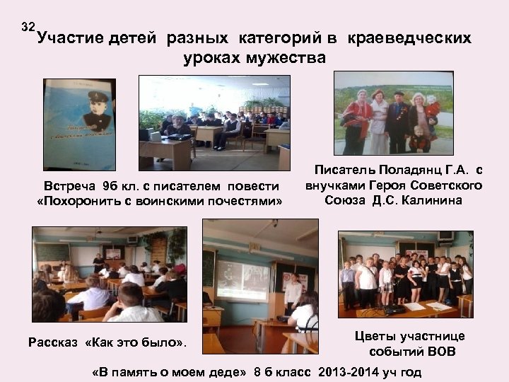 32 Участие детей разных категорий в краеведческих уроках мужества Встреча 9 б кл. с