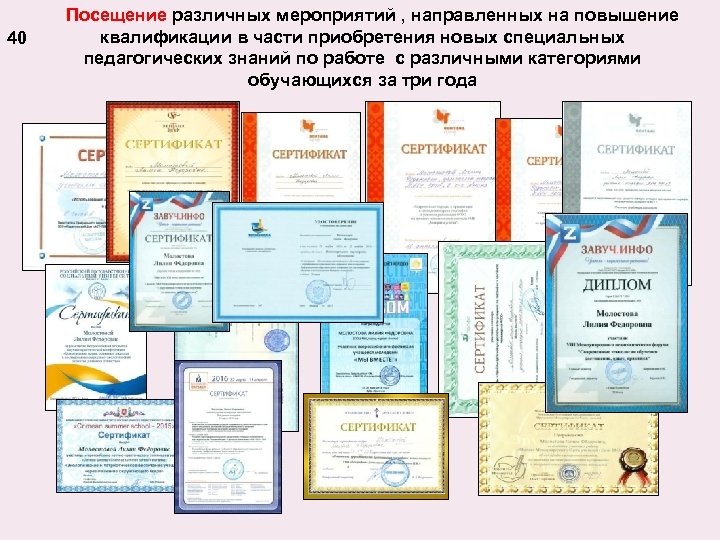 40 Посещение различных мероприятий , направленных на повышение квалификации в части приобретения новых специальных