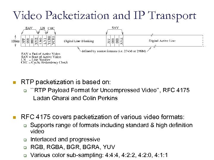 Video Packetization and IP Transport n RTP packetization is based on: q n ``RTP