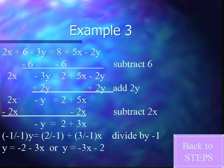 Example 3 2 x + 6 - 3 y = 8 + 5 x