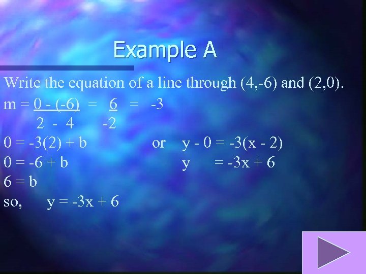 Example A Write the equation of a line through (4, -6) and (2, 0).