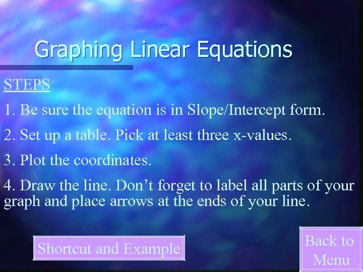 Graphing Linear Equations STEPS 1. Be sure the equation is in Slope/Intercept form. 2.