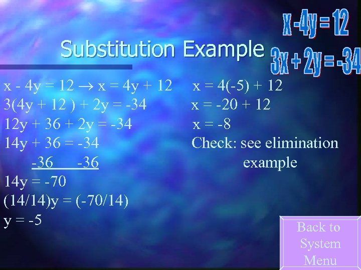 Substitution Example x - 4 y = 12 x = 4 y + 12