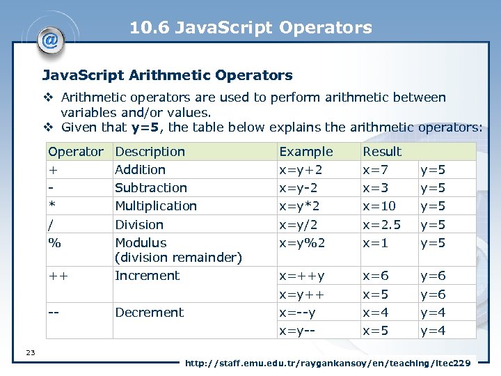 10. 6 Java. Script Operators Java. Script Arithmetic Operators v Arithmetic operators are used