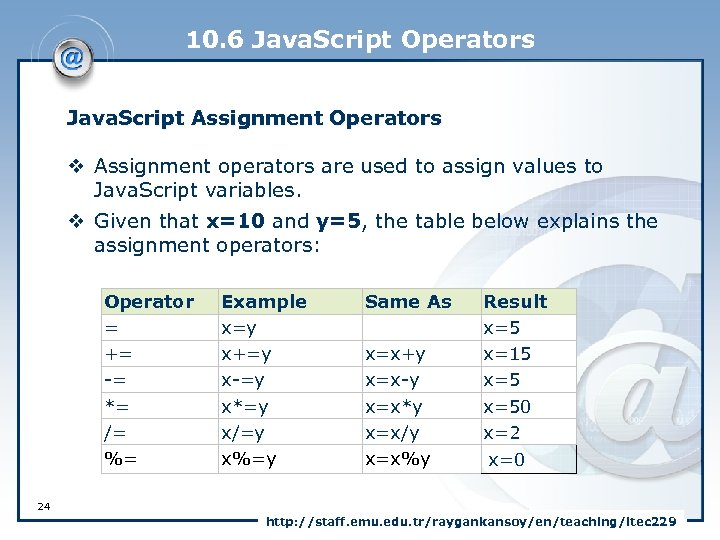10. 6 Java. Script Operators Java. Script Assignment Operators v Assignment operators are used
