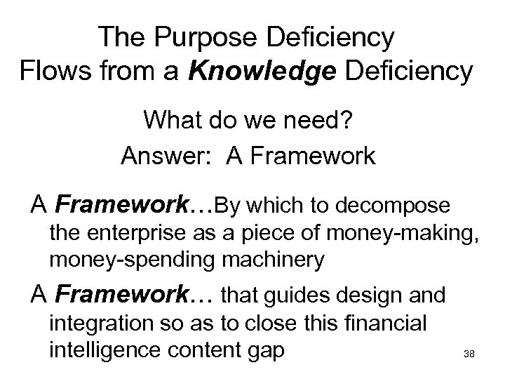 The Purpose Deficiency Flows from a Knowledge Deficiency What do we need? Answer: A