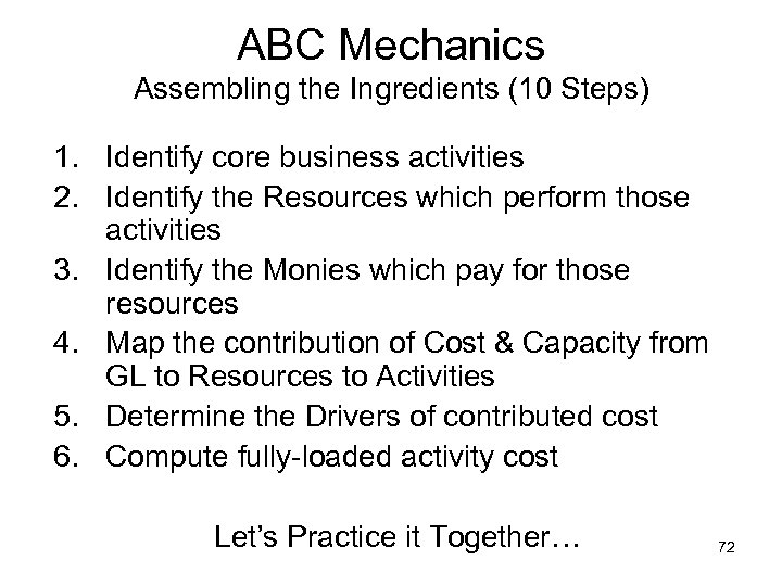 ABC Mechanics Assembling the Ingredients (10 Steps) 1. Identify core business activities 2. Identify
