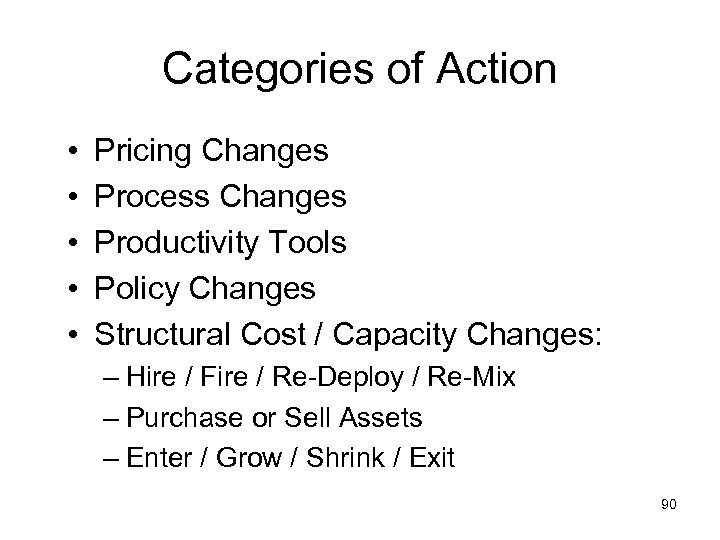 Categories of Action • • • Pricing Changes Process Changes Productivity Tools Policy Changes