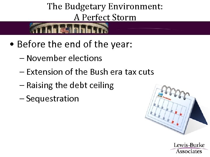 The Budgetary Environment: A Perfect Storm • Before the end of the year: –