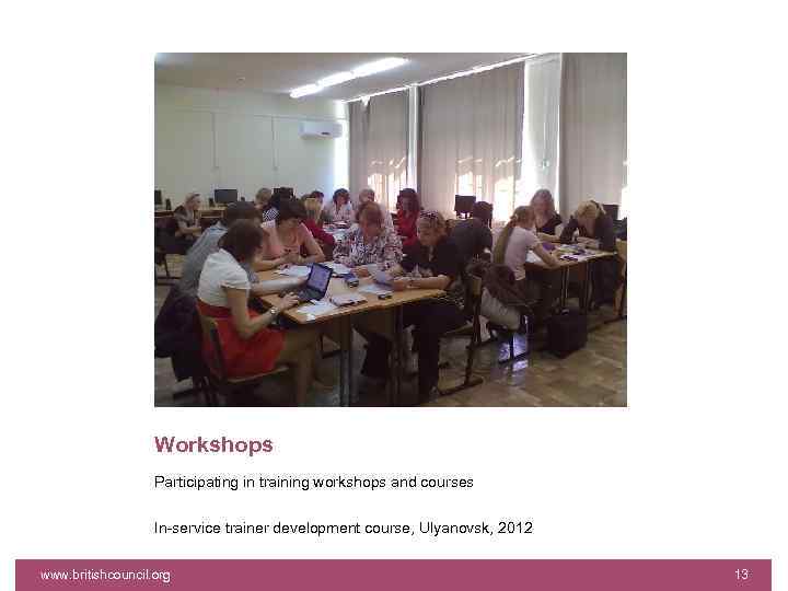 Workshops Participating in training workshops and courses In-service trainer development course, Ulyanovsk, 2012 www.
